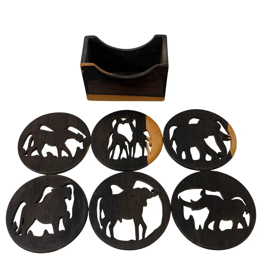 Vtg Wooden Coaster‎ Set 6pc African Safari Animals Boho Decor Jungle Tribal